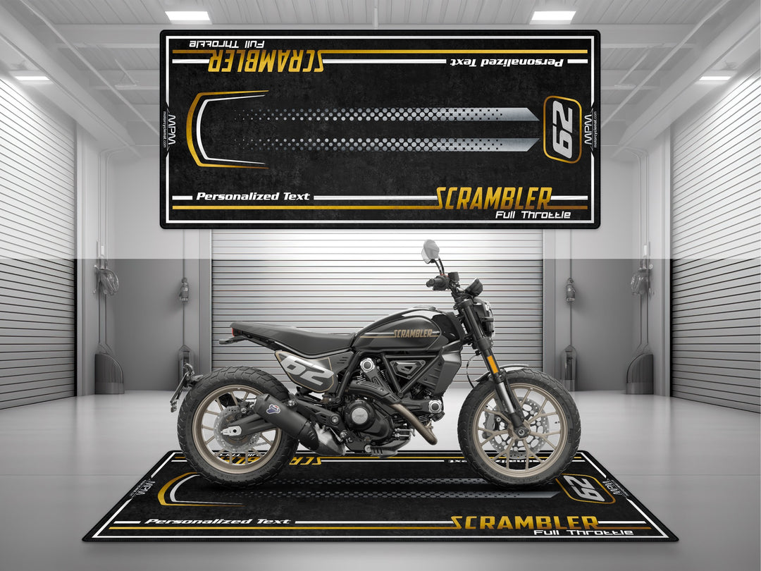 Ducati Scrambler 62 showroom setup on MPM pit mat with bold graphic layout
