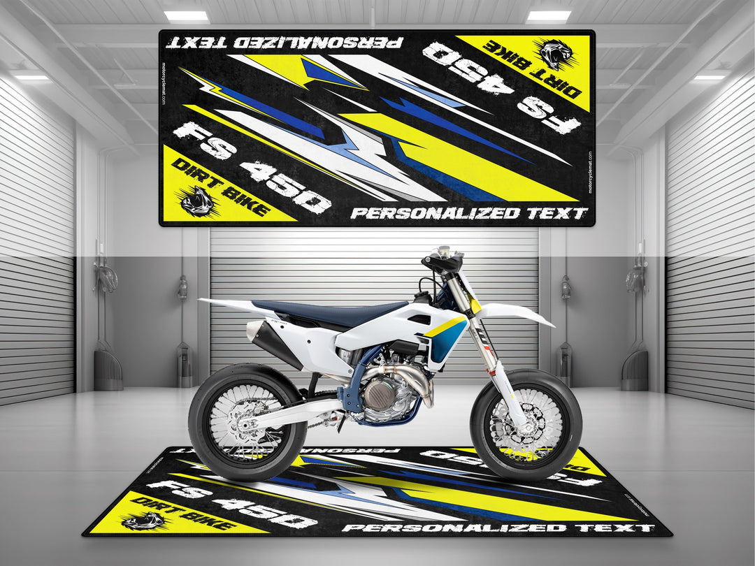 Husqvarna FS 450 White-Blue-Yellow Personalized Motorcycle Garage mat, custom pit rug, bike zone floor cover, rider gear accessory.
