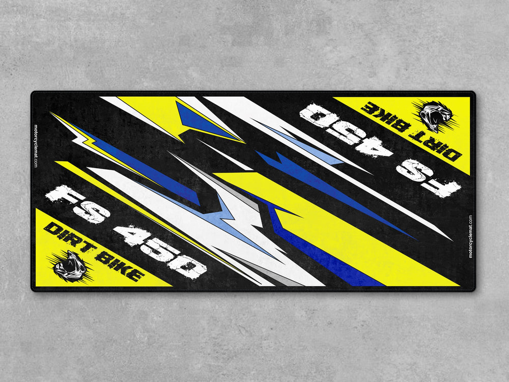 Husqvarna FS 450 White-Blue-Yellow Motorcycle Garage mat, racetrack prep pit rug, motorcycle display carpet, Thermoplastic Rubber cover.
