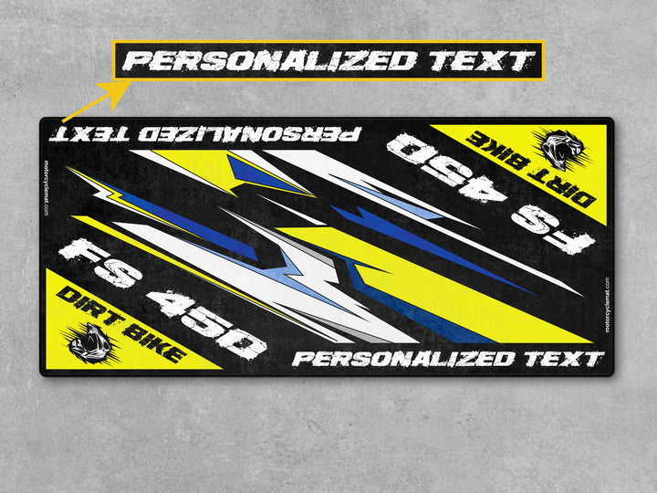 Husqvarna FS 450 White-Blue-Yellow Custom Motorcycle Garage mat, gift for riders, showroom carpet, superbike garage floor cover.
