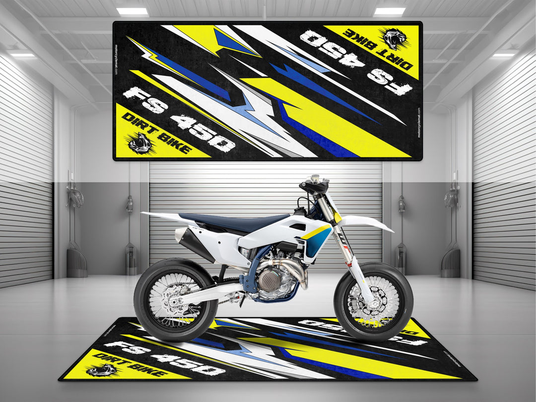 Husqvarna FS 450 White-Blue-Yellow Motorcycle Garage mat, parking mat, pit mat, showroom display rug, superbike garage floor protection.
