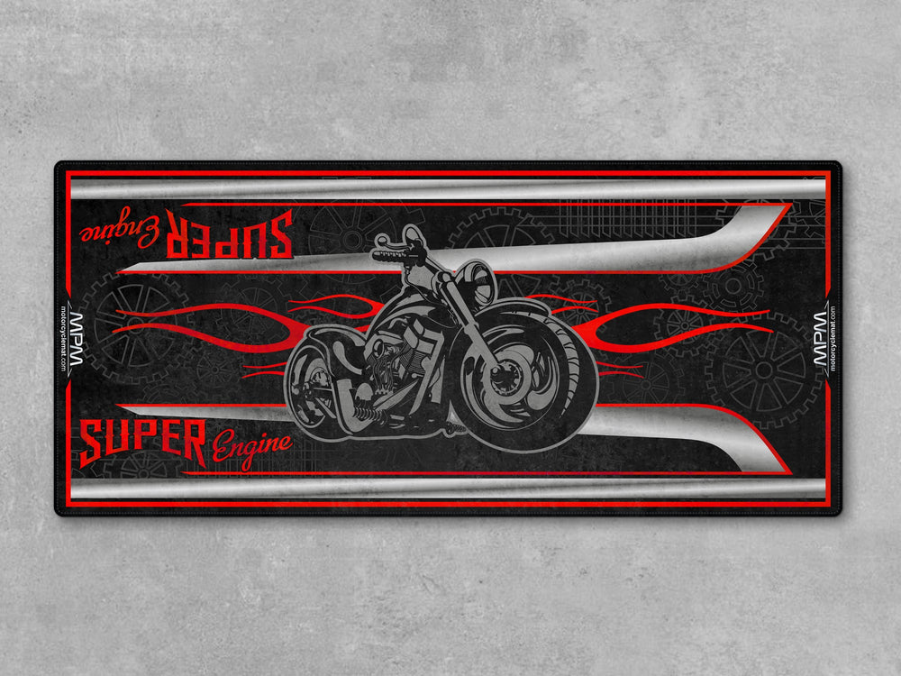 Indian Chief Classic Black Motorcycle Garage mat – Thermoplastic Rubber pit rug, custom floor cover, bike zone display.
