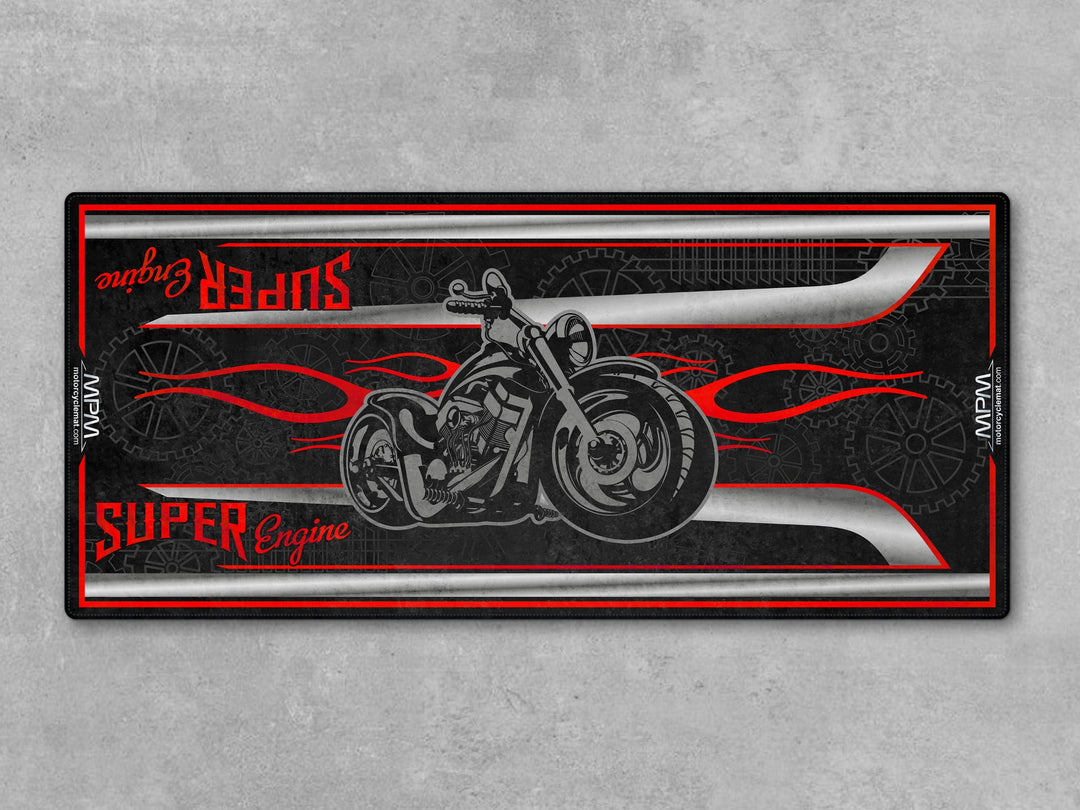 Indian Chief Classic Black Motorcycle Garage mat – Thermoplastic Rubber pit rug, custom floor cover, bike zone display.
