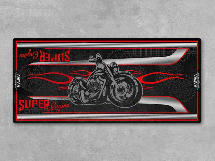 Indian Chief Classic Black Motorcycle Garage mat – Thermoplastic Rubber pit rug, custom floor cover, bike zone display.
