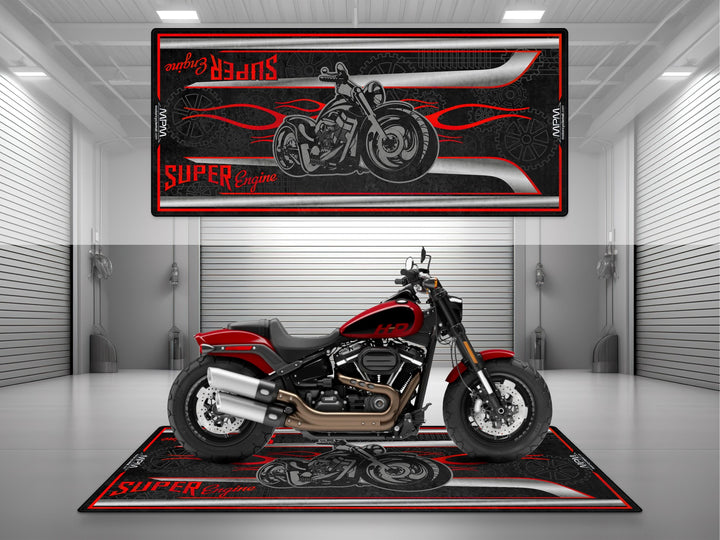 Harley Davidson Fat Bob Black Red Motorcycle Garage mat – pit rug, showroom carpet, garage floor protection for riders.

