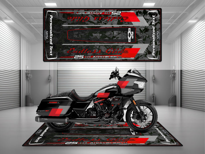 Harley Davidson Road Glide 25th Anniversary Black-Red Custom Motorcycle Garage mat, perfect gift for riders, showroom carpet, Thermoplastic Rubber.
