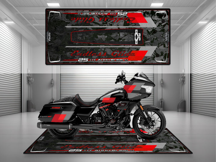 Harley Davidson Road Glide 25th Anniversary Black-Red Motorcycle Garage mat, parking mat, pit mat, showroom rug, garage floor protection.

