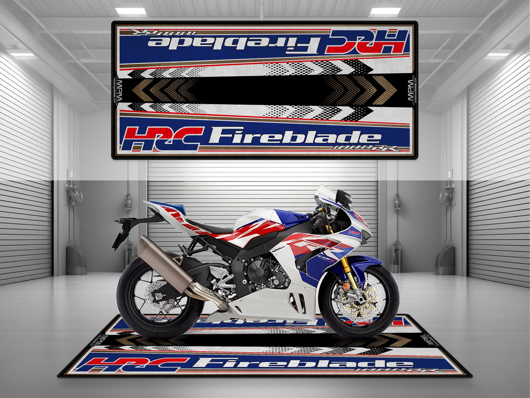 Honda 1000RR-R Fireblade Red White Blue Motorcycle Garage Mat displayed on MPM showroom bike zone
