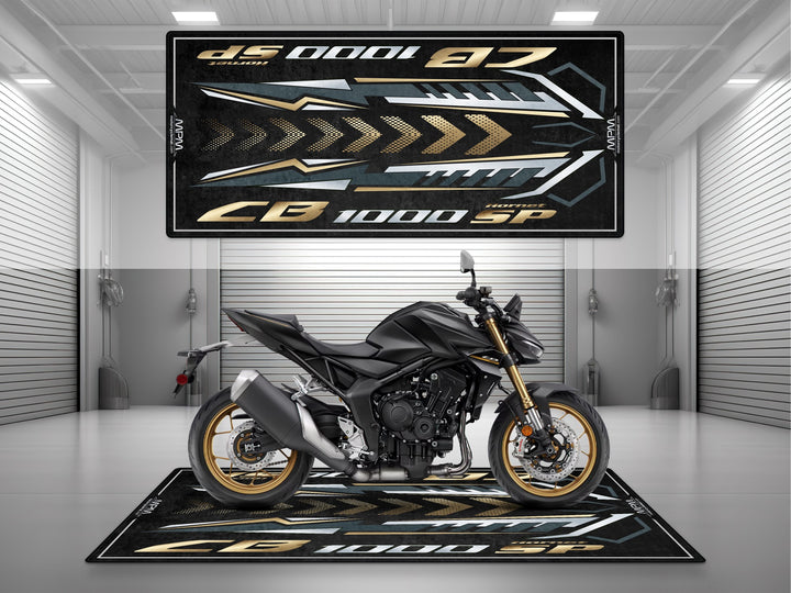 CB1000 Hornet SP garage mat with gold wheels. Perfect parking mat and floor cover for showroom or superbike garage use.
