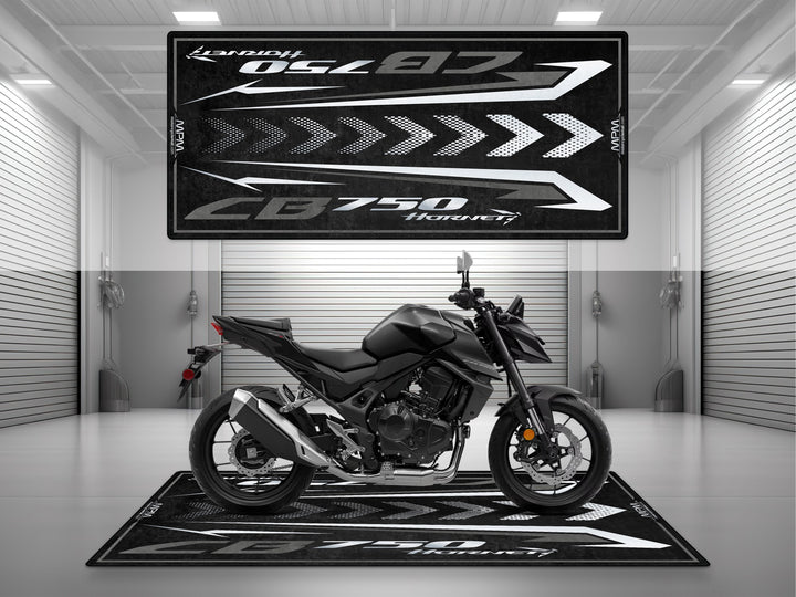 Matte black CB750 Hornet on garage mat. Ideal parking mat and floor cover for showroom or superbike garage protection.


