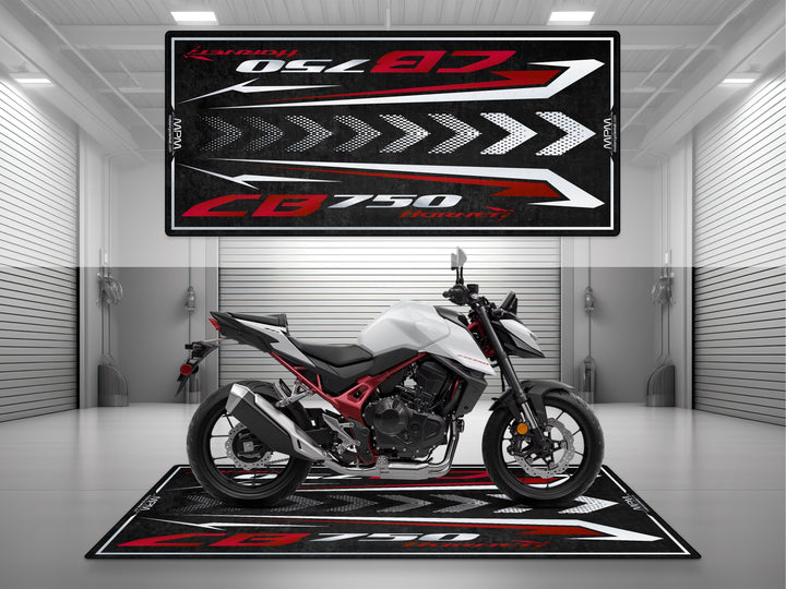 CB750 Hornet parking mat in matte pearl white. Perfect floor cover for showroom and garage mat setups.
