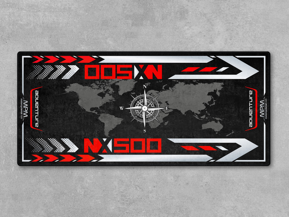 NX500 parking mat with world map design. Ideal rug for motorcycle display and garage floor protection.
