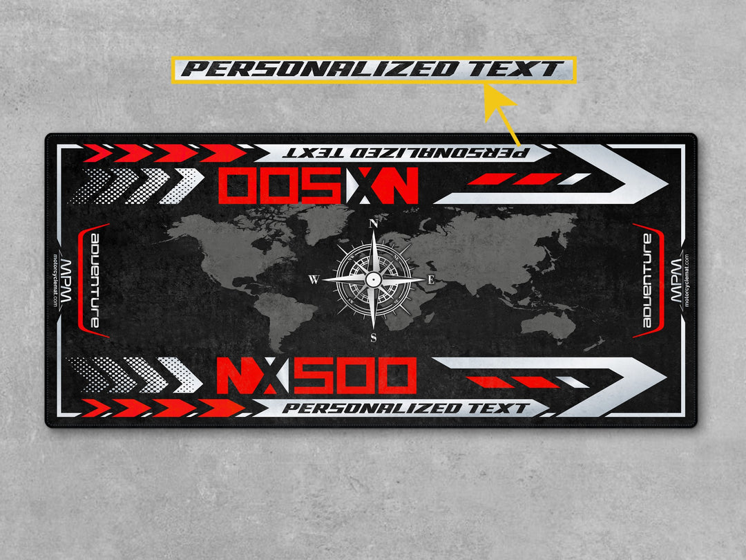 Honda NX500 personalized mat with compass design. Durable Thermoplastic Rubber carpet for track prep zones.
