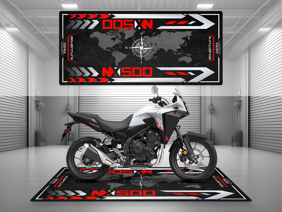 Adventure-ready garage mat for Honda NX500. Perfect floor cover for superbike garage or racetrack pit zone.
