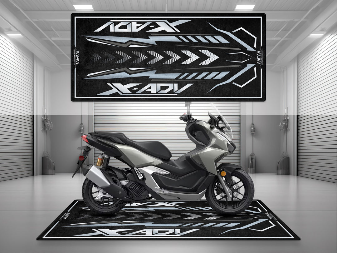 Honda X-ADV 750 Gray Motorcycle Garage mat, parking pit rug, showroom carpet, floor cover, rider essentials, motorcycle display.

