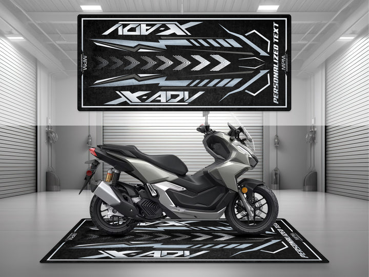 Honda ADV 160 Gray Motorcycle Garage mat, racetrack prep pit rug, bike zone showroom carpet, garage floor protection, rider gear.
