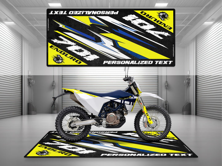 Husqvarna 701 Enduro White-Blue-Yellow Personalized Garage mat, custom pit rug, bike zone floor cover, rider gear accessory.
