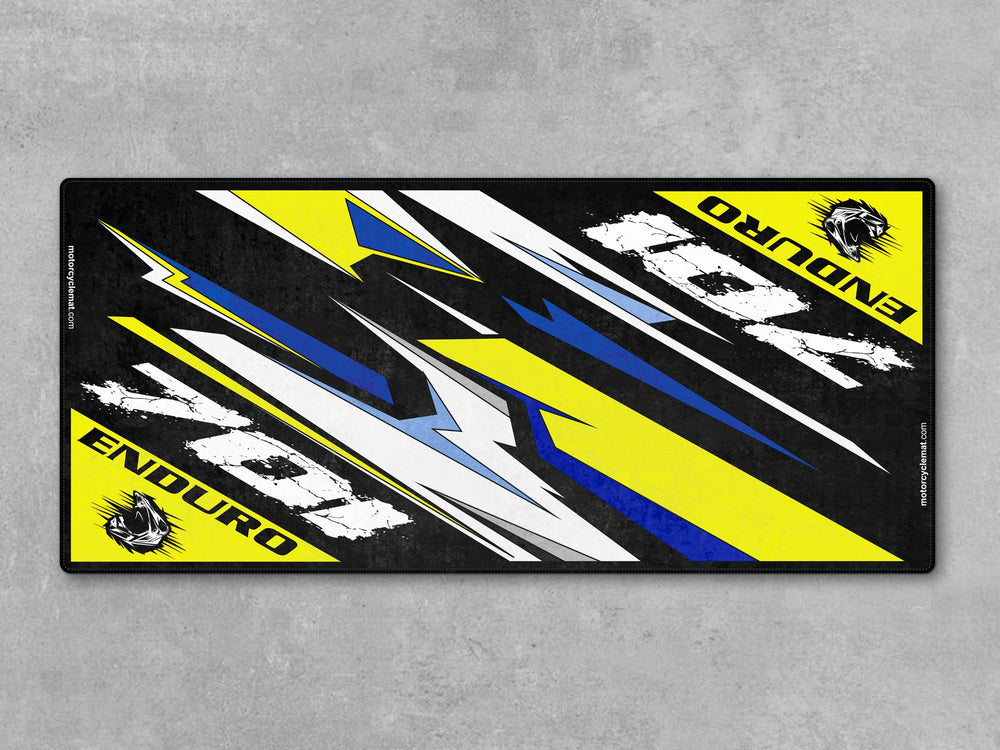 Husqvarna 701 Enduro White-Blue-Yellow Motorcycle Garage mat, racetrack prep pit rug, motorcycle display carpet, rider essentials.
