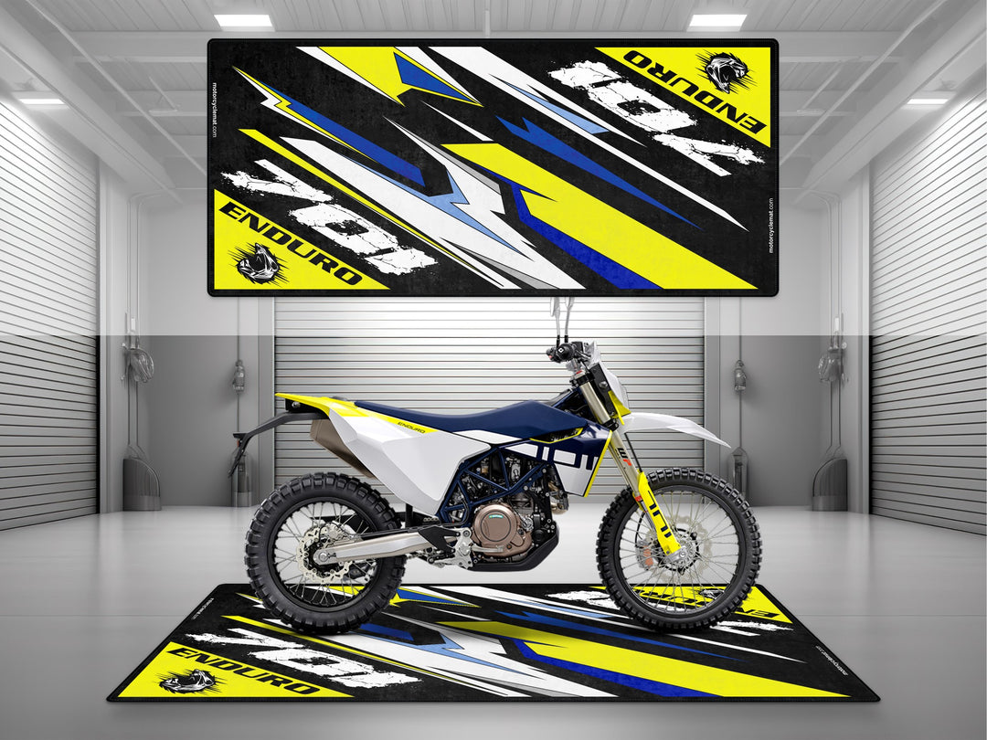 Husqvarna 701 Enduro White-Blue-Yellow Motorcycle Garage mat, parking mat, pit mat, showroom rug, garage floor protection.
