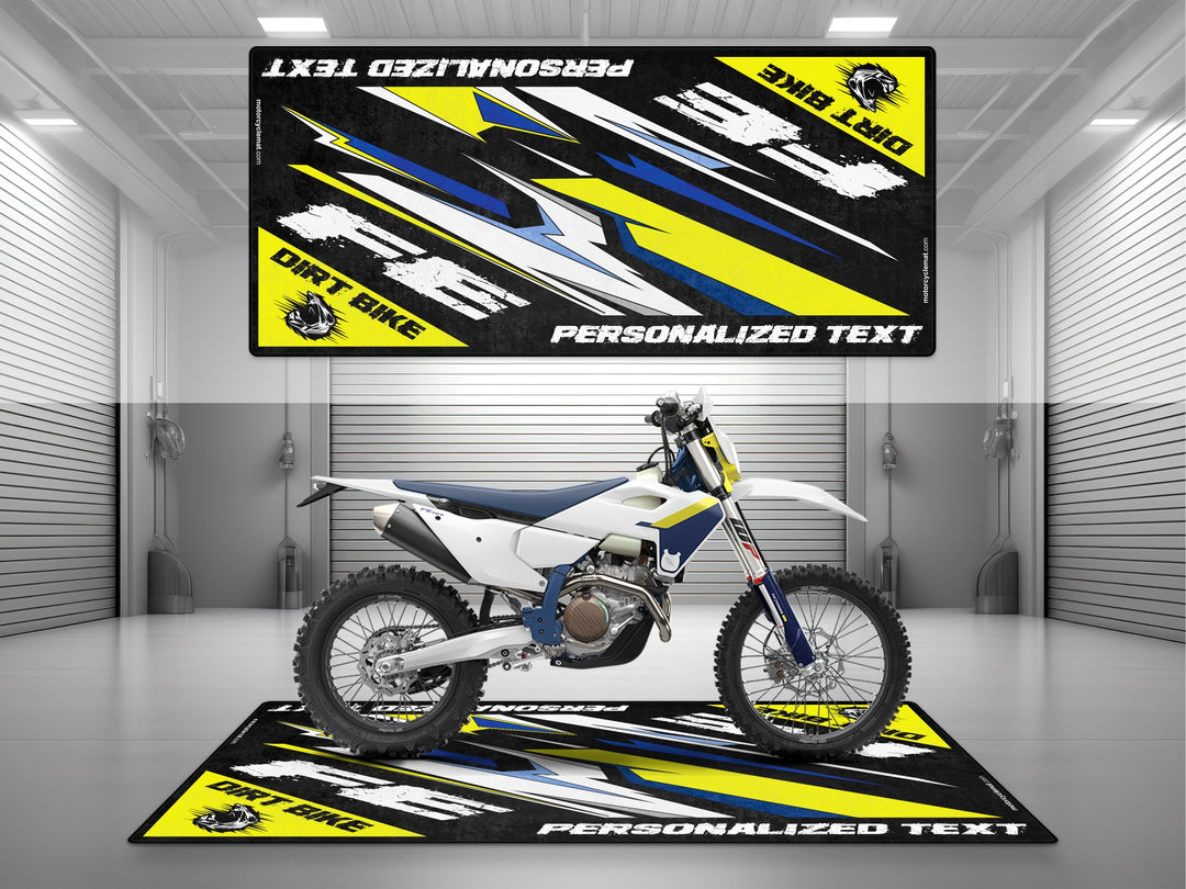 Husqvarna FE Series White-Blue-Yellow Personalized Garage mat, custom pit rug, bike zone floor cover, rider gear accessory.
