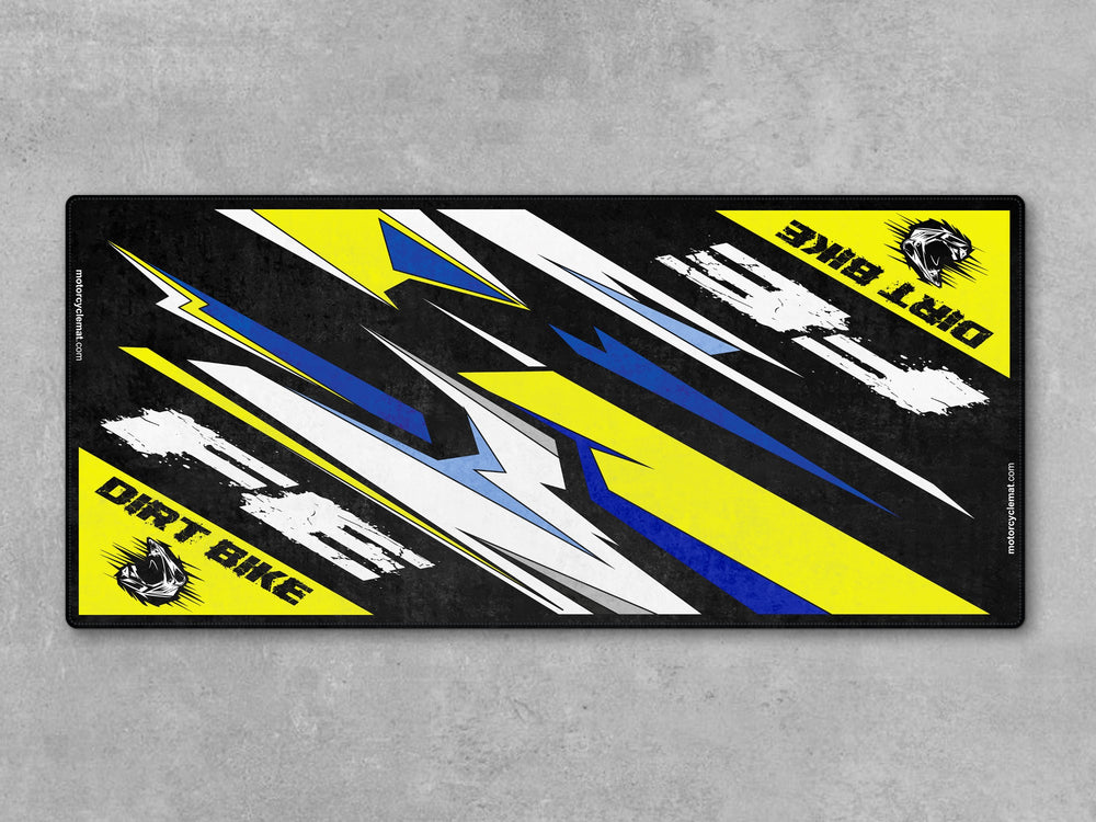 Husqvarna FE Series White-Blue-Yellow Motorcycle Garage mat, racetrack prep pit rug, motorcycle display carpet, rider essentials.
