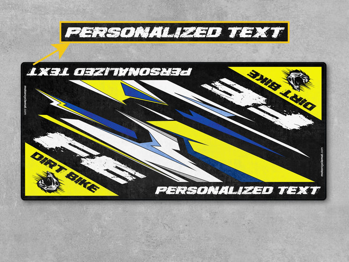 Husqvarna FE Series White-Blue-Yellow Custom Motorcycle Garage mat, gift for riders, showroom carpet, superbike garage floor cover.
