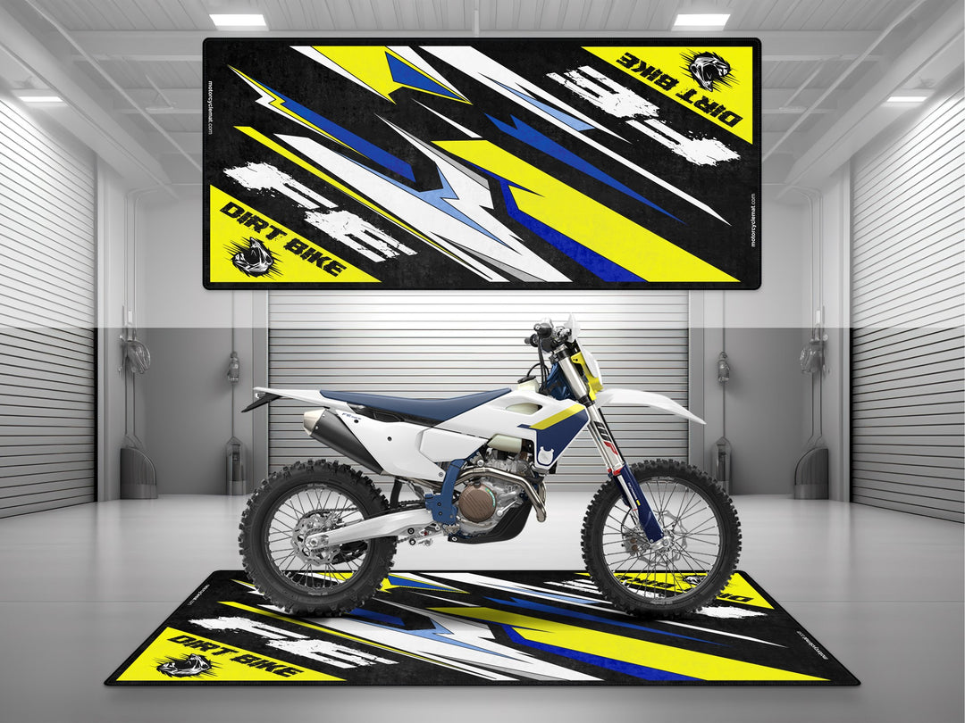 Husqvarna FE Series White-Blue-Yellow Motorcycle Garage mat, parking mat, pit mat, showroom rug, garage floor protection.
