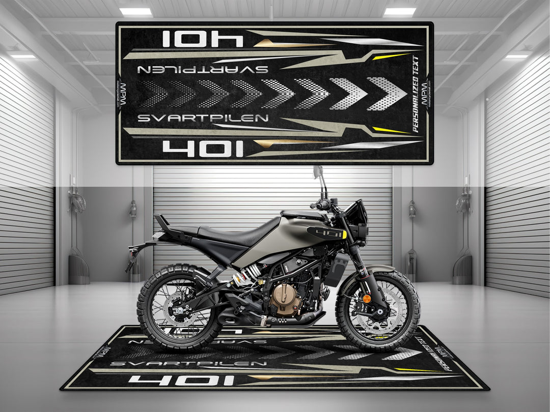 Husqvarna Svartpilen 401 Black-Grey Personalized Garage mat, custom pit rug, bike zone floor cover, rider gear accessory.
