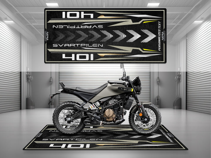 Husqvarna Svartpilen 401 Black-Grey Personalized Garage mat, custom pit rug, bike zone floor cover, rider gear accessory.
