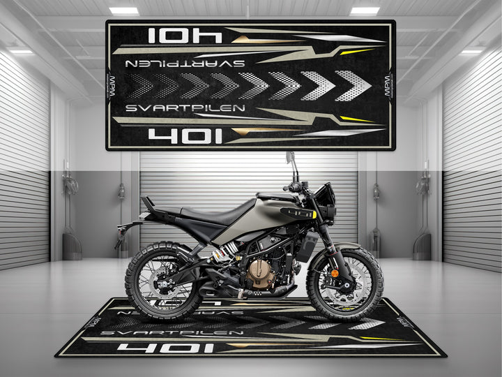 Husqvarna Svartpilen 401 Black-Grey Motorcycle Garage mat, parking mat, pit mat, showroom rug, garage floor protection.
