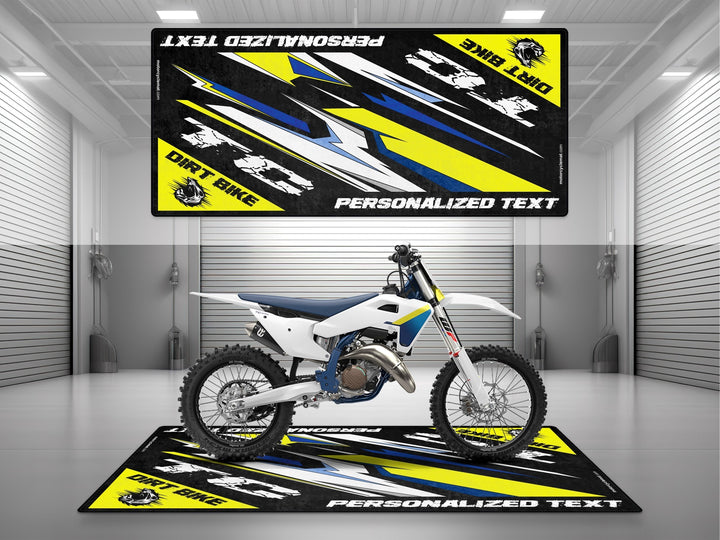 Husqvarna TC Series White-Blue-Yellow Personalized Garage mat, custom pit rug, bike zone floor cover, rider gear accessory.
