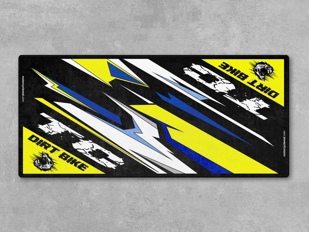 Husqvarna TC Series White-Blue-Yellow Motorcycle Garage mat, racetrack prep pit rug, motorcycle display carpet, rider essentials.
