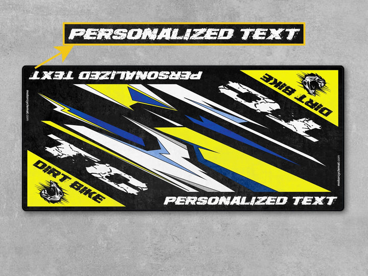 Husqvarna TC Series White-Blue-Yellow Custom Motorcycle Garage mat, gift for riders, showroom carpet, superbike garage floor cover.

