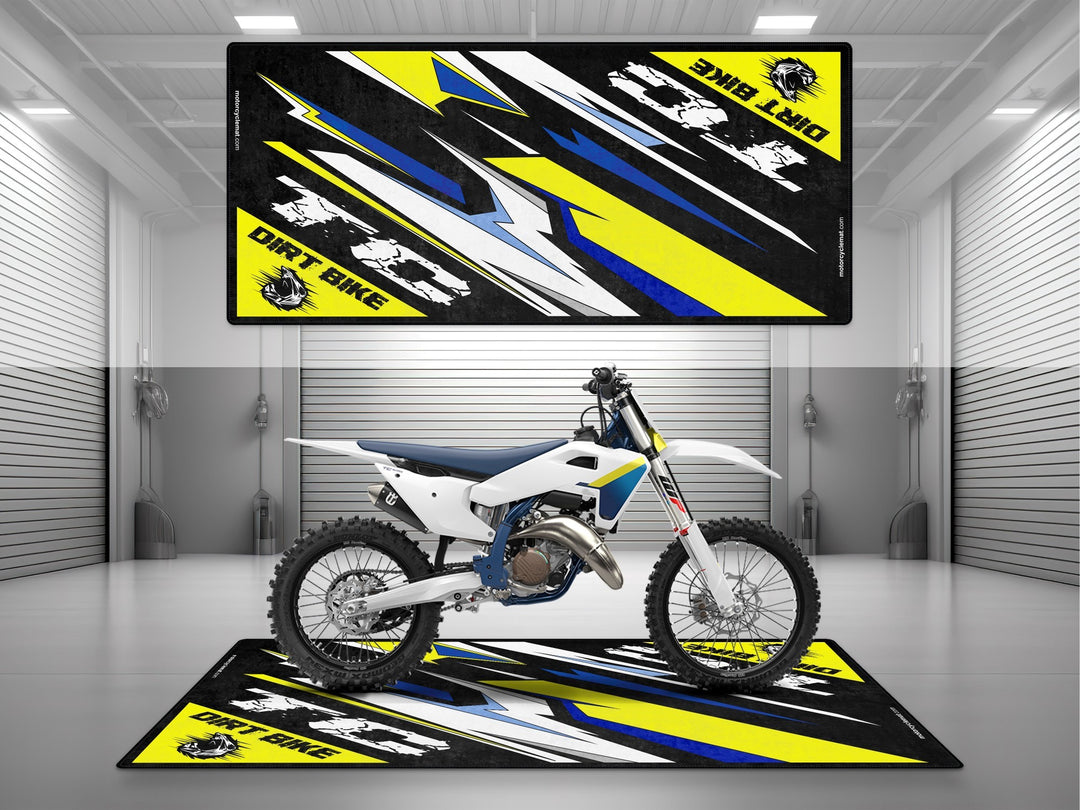 Husqvarna TC Series White-Blue-Yellow Motorcycle Garage mat, parking mat, pit mat, showroom rug, garage floor protection.
