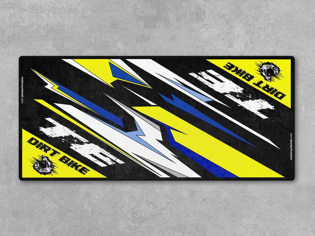 Husqvarna TE Series White-Blue-Yellow Motorcycle Garage mat, racetrack prep pit rug, motorcycle display carpet, rider essentials.
