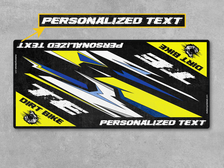 Husqvarna TE Series White-Blue-Yellow Custom Motorcycle Garage mat, gift for riders, showroom carpet, superbike garage floor cover.
