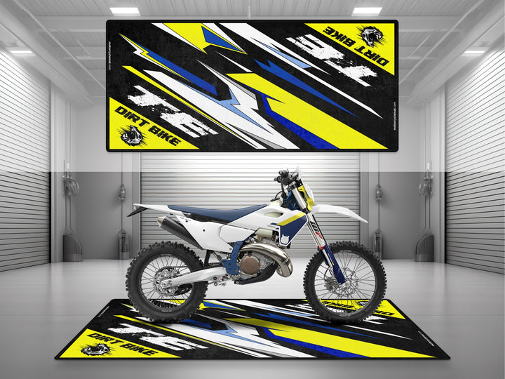 Husqvarna TE Series White-Blue-Yellow Motorcycle Garage mat, parking mat, pit mat, showroom rug, garage floor protection.
