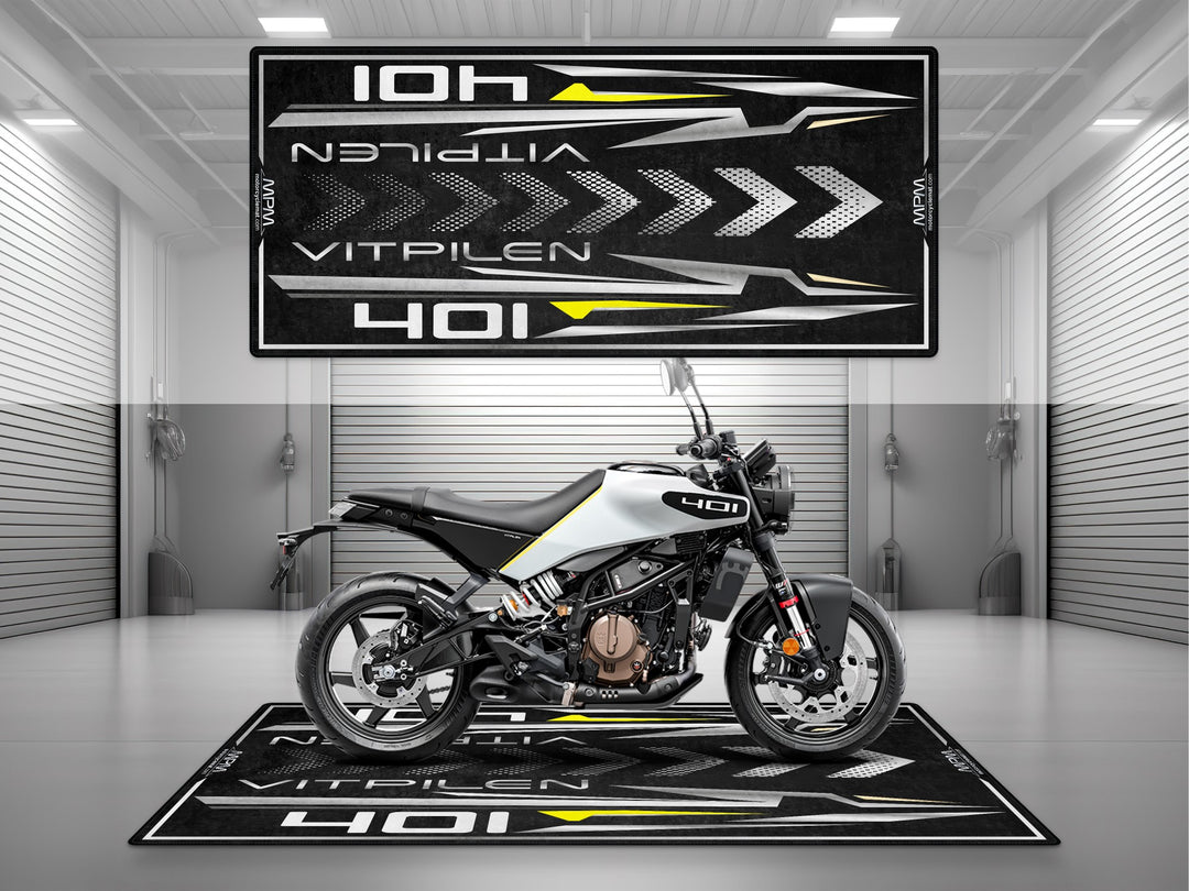 Husqvarna Vitpilen 401 White-Black Motorcycle Garage mat, parking mat, pit mat, showroom rug, garage floor protection.
