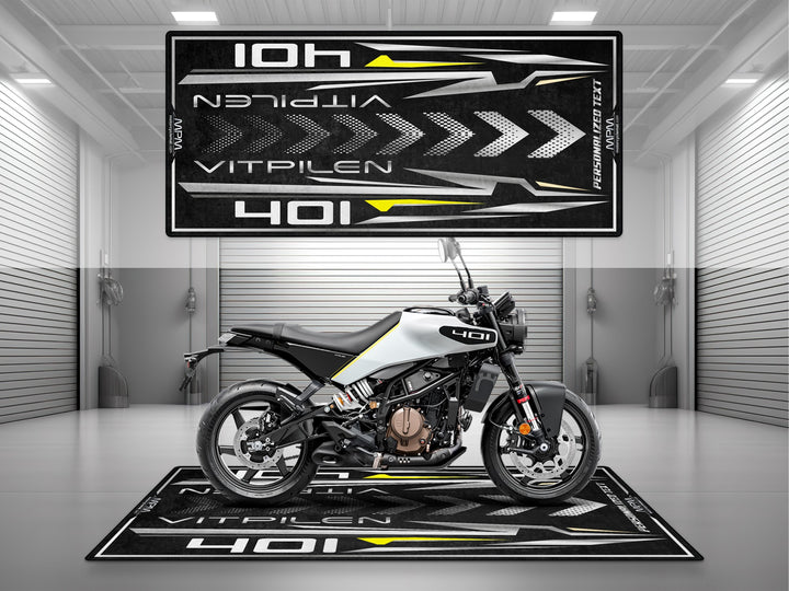 Husqvarna Vitpilen 401 White-Black Personalized Garage mat, custom pit rug, bike zone floor cover, rider gear accessory.
