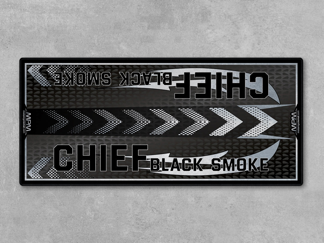 Indian Chief Black Smoke Motorcycle Display mat – premium dark parking rug with Thermoplastic Rubber garage protection.
