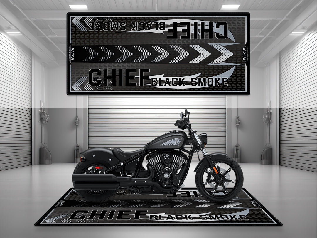 Indian Chief Black Smoke Motorcycle Pit mat – matte black cruiser floor cover for garage, racetrack or bike zone display.
