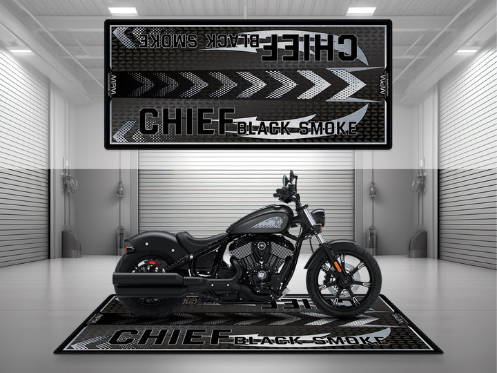 Indian Chief Black Smoke Motorcycle Pit mat – matte black cruiser floor cover for garage, racetrack or bike zone display.
