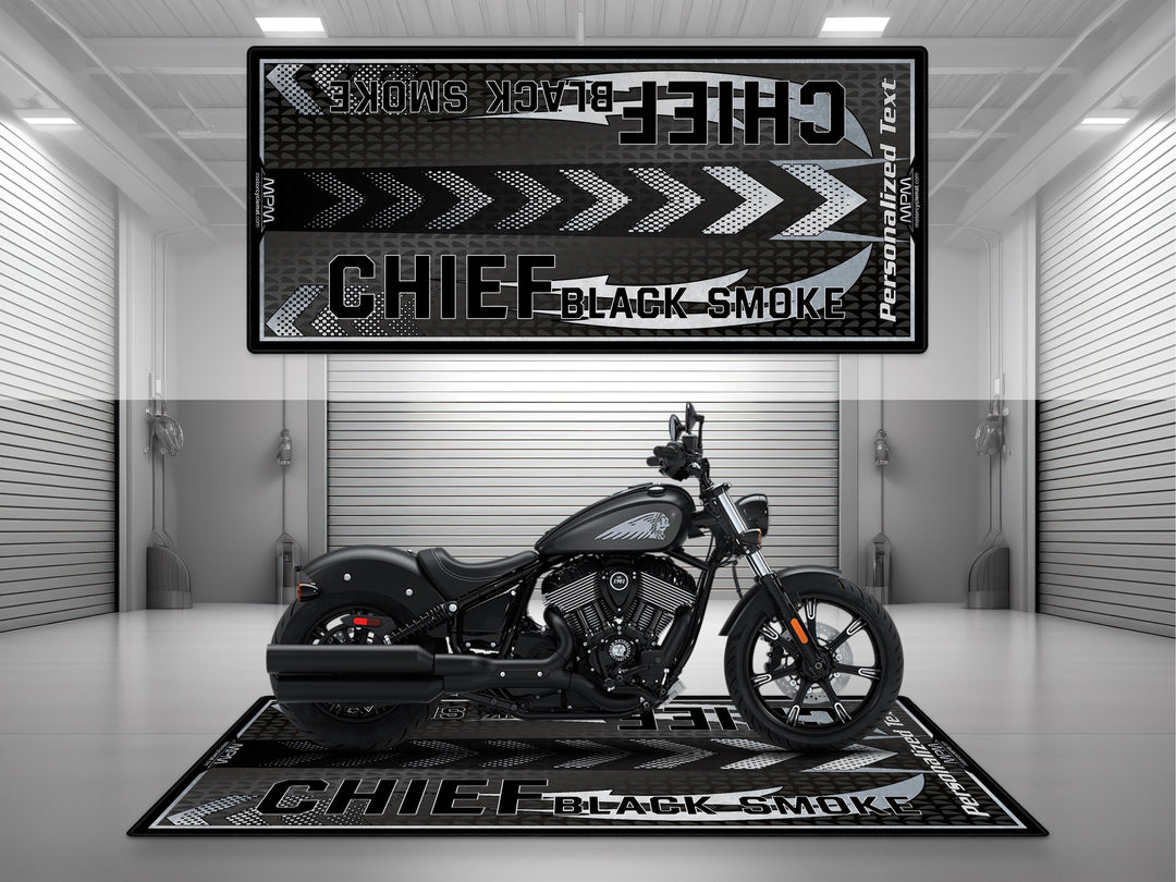 Indian Chief Black Smoke Motorcycle Garage mat – personalized pit rug for riders, ideal showroom or track prep accessory.
