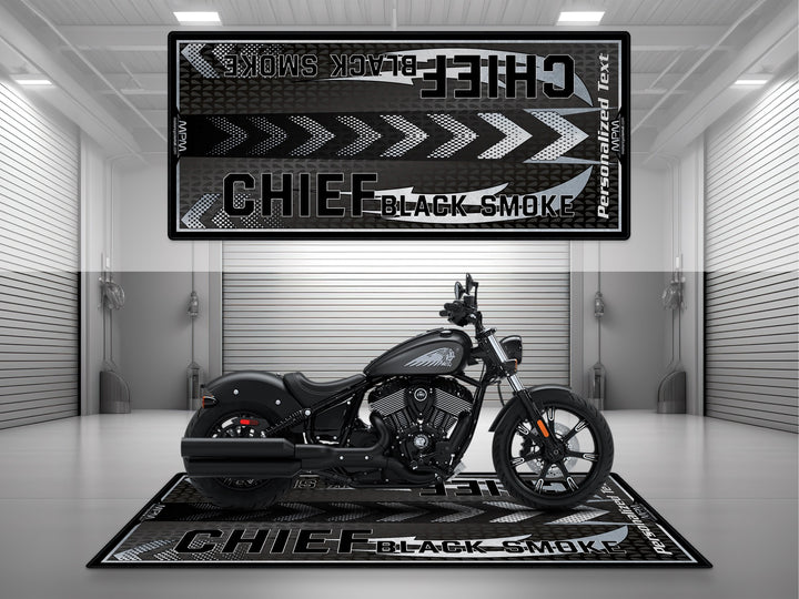 Indian Chief Black Smoke Motorcycle Garage mat – personalized pit rug for riders, ideal showroom or track prep accessory.
