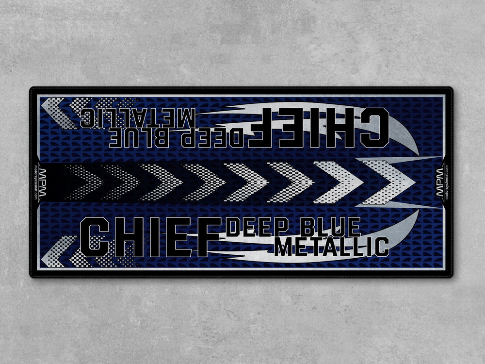 Indian Chief Deep Blue Metallic Motorcycle Display mat – premium blue parking rug with Thermoplastic Rubber floor protection.
