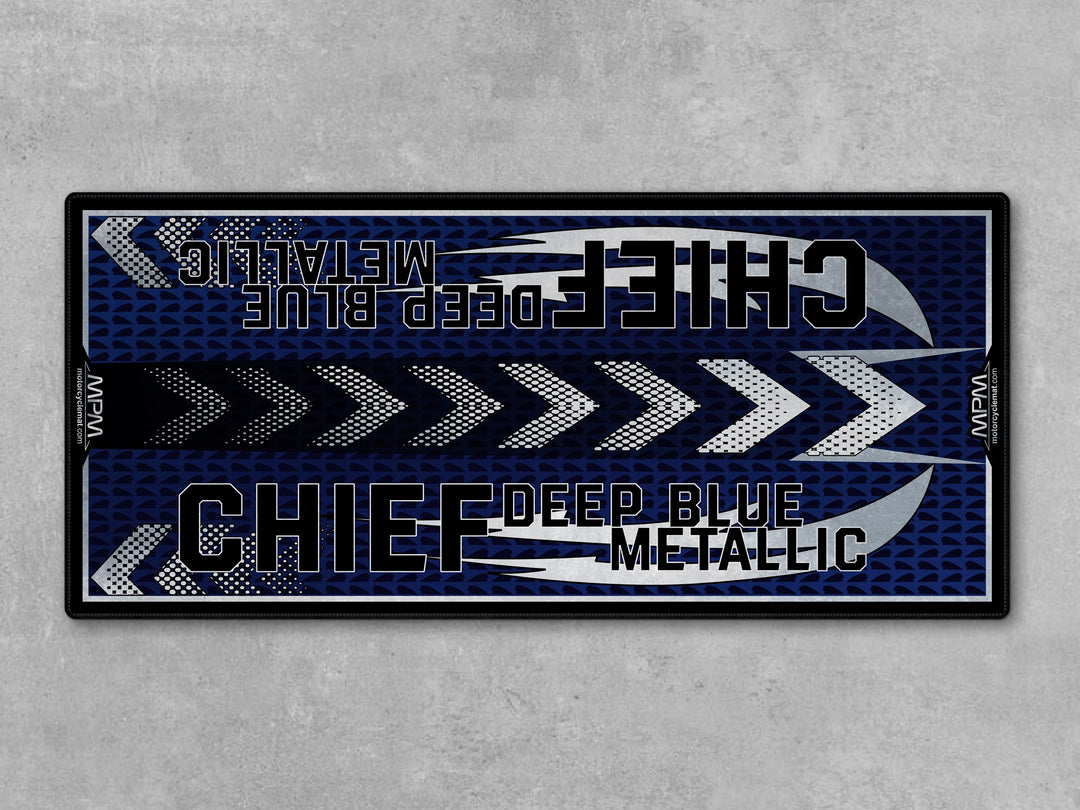 Indian Chief Deep Blue Metallic Motorcycle Display mat – premium blue parking rug with Thermoplastic Rubber floor protection.
