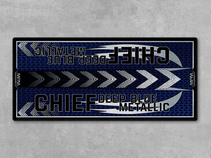Indian Chief Deep Blue Metallic Motorcycle Display mat – premium blue parking rug with Thermoplastic Rubber floor protection.
