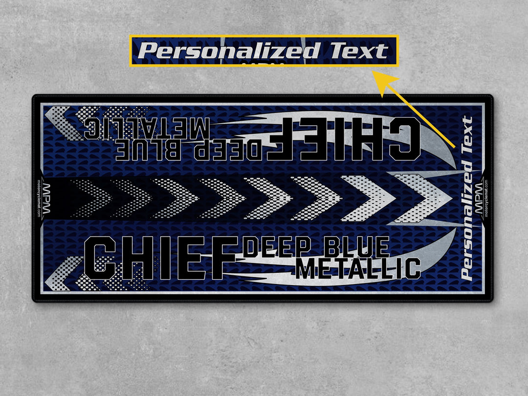 Indian Chief Deep Blue Metallic Motorcycle Parking mat – custom blue-black floor cover gift, perfect carpet for cruiser garages.
