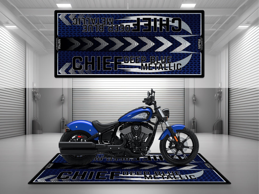 Indian Chief Deep Blue Metallic Motorcycle Pit mat – blue cruiser floor cover for garage, racetrack or bike zone display.
