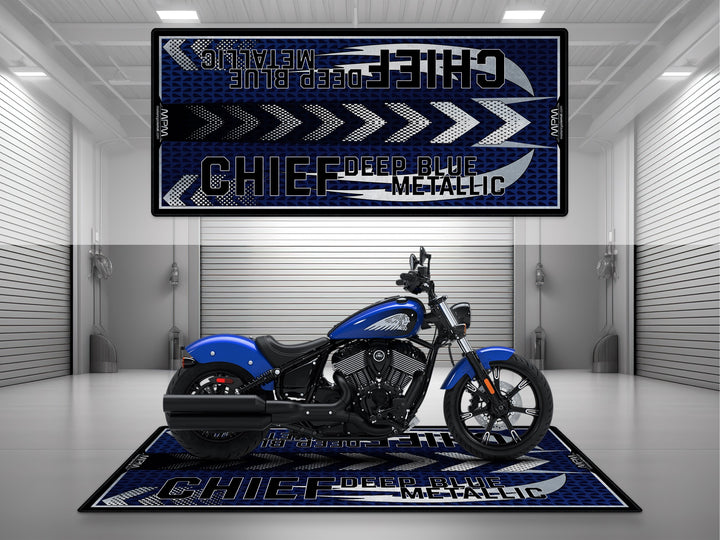 Indian Chief Deep Blue Metallic Motorcycle Pit mat – blue cruiser floor cover for garage, racetrack or bike zone display.
